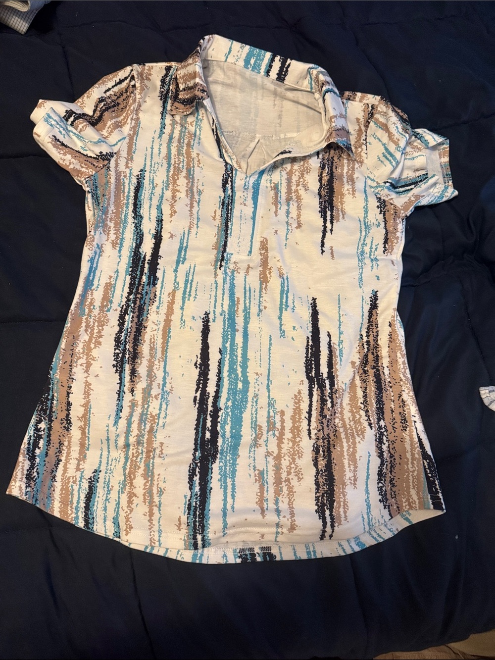 Striped Short Sleeve Collared Top — Blue, Tan & Black